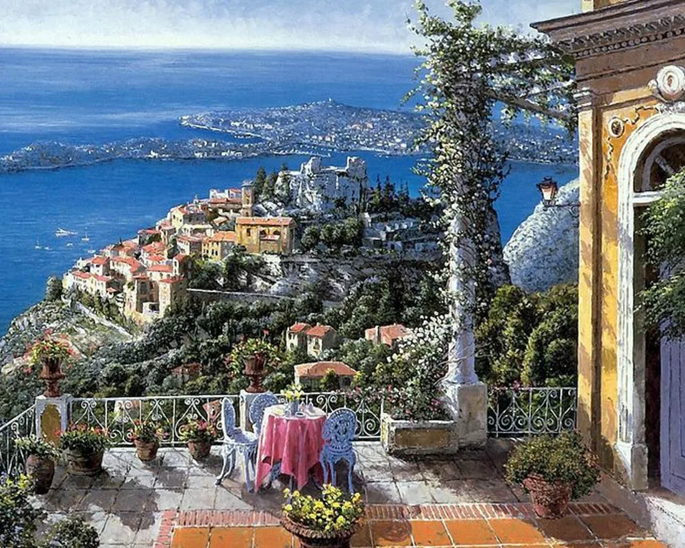 

square diamond embroidery landscapes European seaside house needlework crystals mosaic picture full rhinestones painting 40*50cm