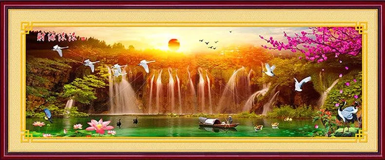 QIUSI рукоделие DIY Вышивка крестиком полный набор для вышивки, закат Птицы озеро с водопадом сюжет пейзаж узор вышивка крестом картина