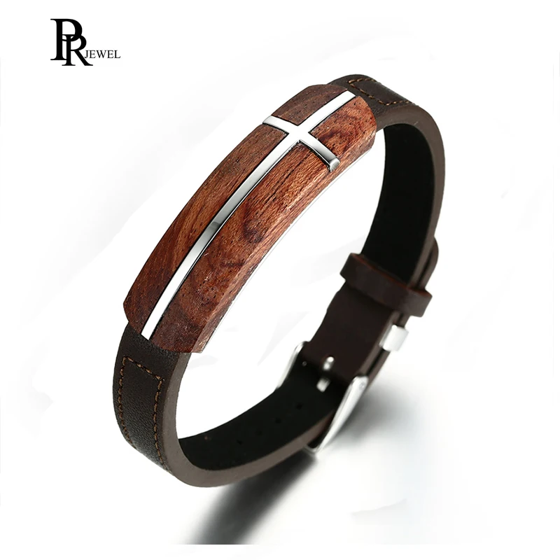 

Trendy Elegant Rosewood Genuine Leather Cross Inlay Tag Belt Buckle Clasp Adjustable Bracelet for Men Women