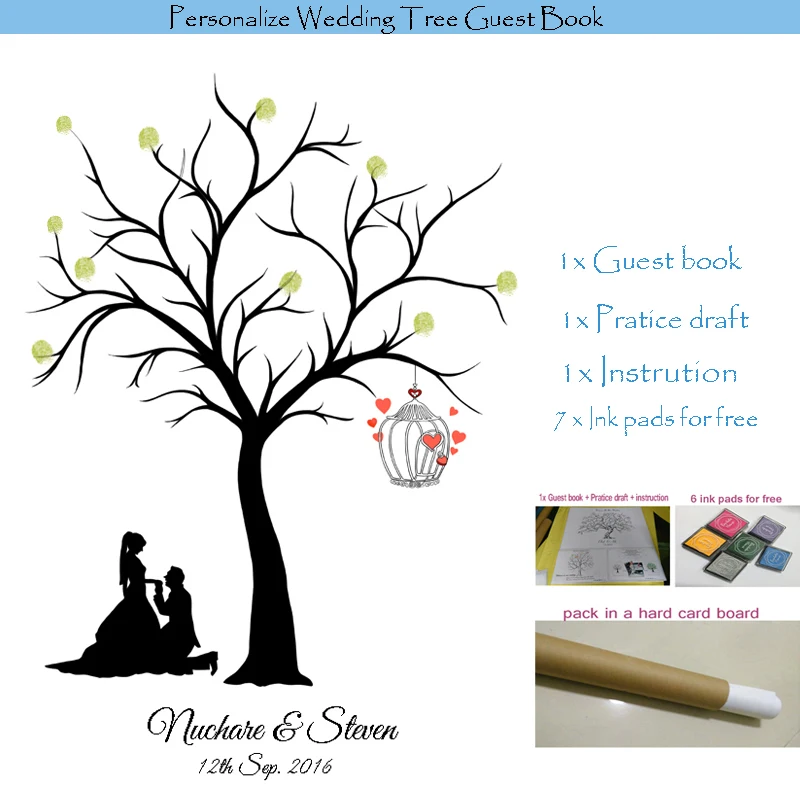 PERSONALISED LARGE A3 WEDDING FINGER PRINT TREE GUESTBOOK & INKS BIRD CAGE 