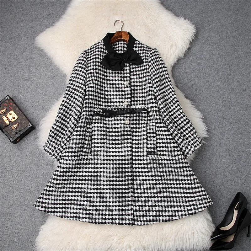 

2018 Women Winter Woolen Jackets and Coats Fashion Designer Bowknot Houndstooth Patterns Loose Wool Blend Overcoat Outerwear