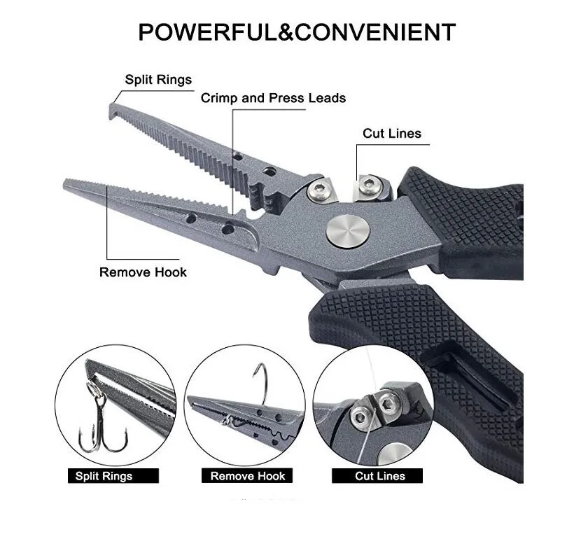 Fishing Pliers Split Ring Cutters Fishing Holder Tackle with Sheath & Retractable Tether Combo Hooks Remover Fishing Tool 