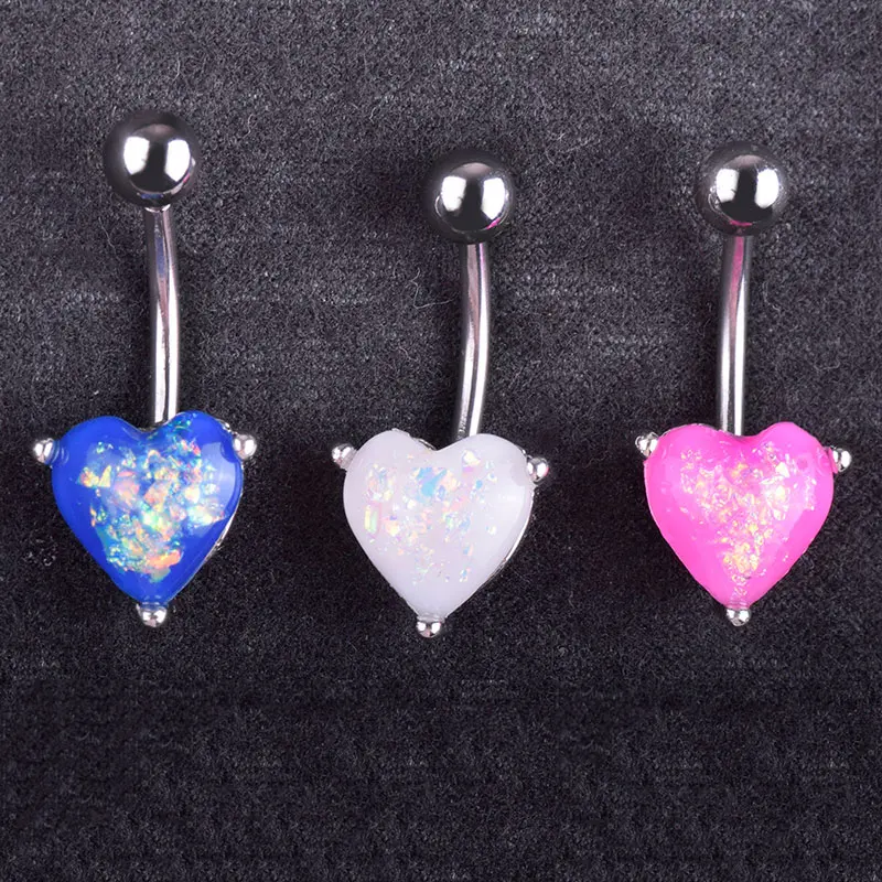 Surgical Steel Navel Belly Button Ring Opal Glitter Heart Piercing Navel Nail TT@88