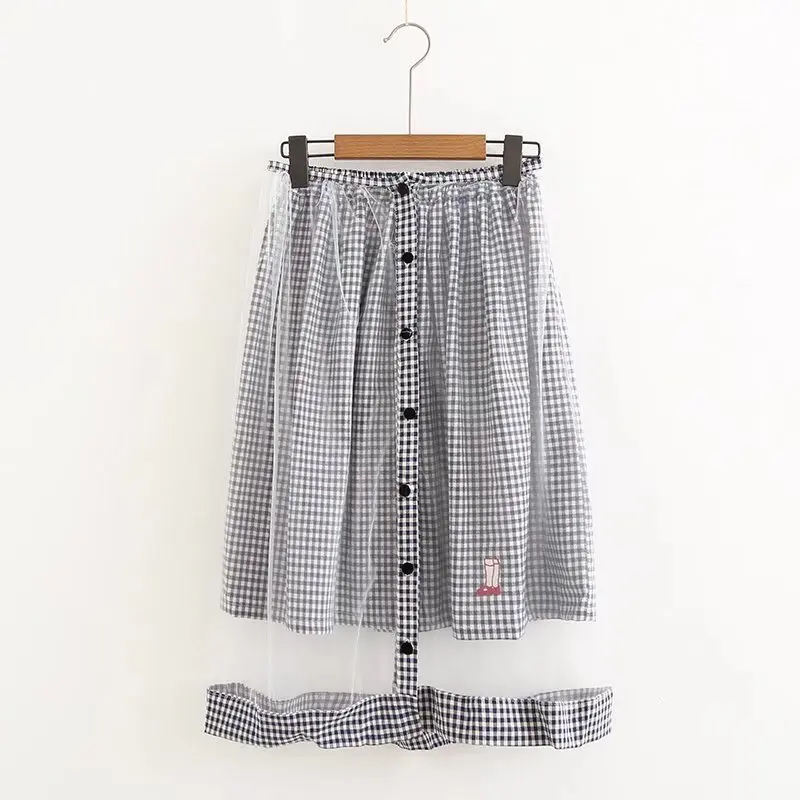 

Cute Women's Skirt Summer New Cotton Student Style Two-piece Women's A-line Skirt Skirt Grid Knee Length College Wind Fashion