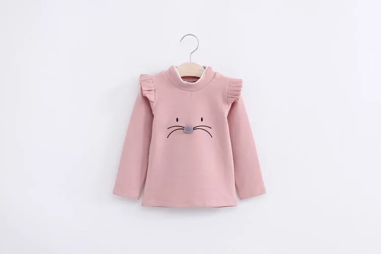 Блузка для девочек теплая для детей ясельного возраста осенняя одежда плотная рубашка с рисунком котенка для маленьких девочек топы с рукавами-буффами серый/белый/темно-розовая рубашка для детей, школьная блузка - Цвет: pink