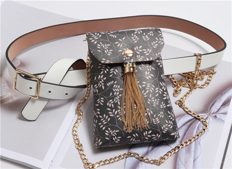 2019 винтажный цветочный принт PU кисточкой бахрома поясная сумка для женщин ПВХ пояс с сумкой для девочек Сумка для телефона Длинная цепочка
