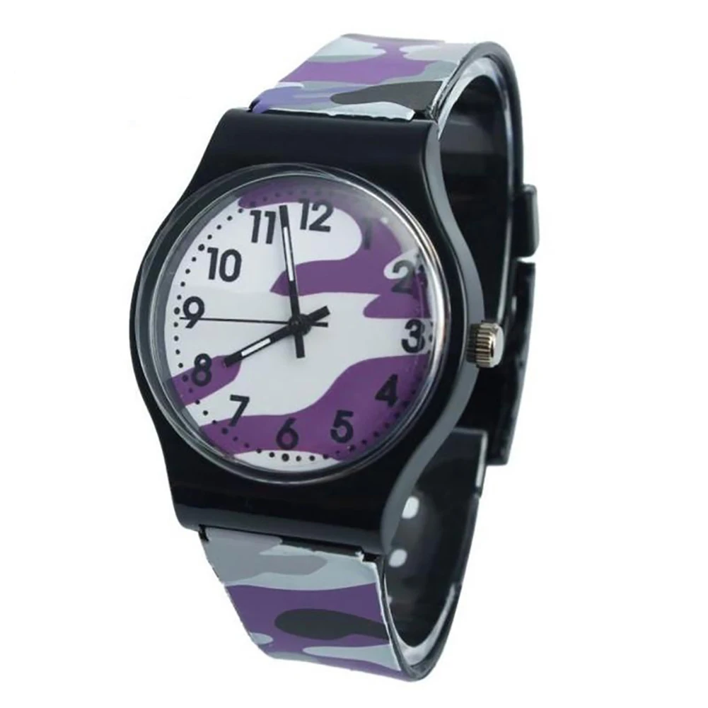 Повседневные детские часы с круглым циферблатом и пластиковым ремешком, аналоговые кварцевые наручные часы в подарок, вечерние часы для путешествий, кварцевые часы, камуфляжные детские часы - Цвет: Фиолетовый
