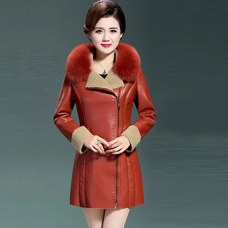 New Leather suede women winter thick warm plus size sheepskin coat leather jacket natural fox fur long leather outerwear QH1218