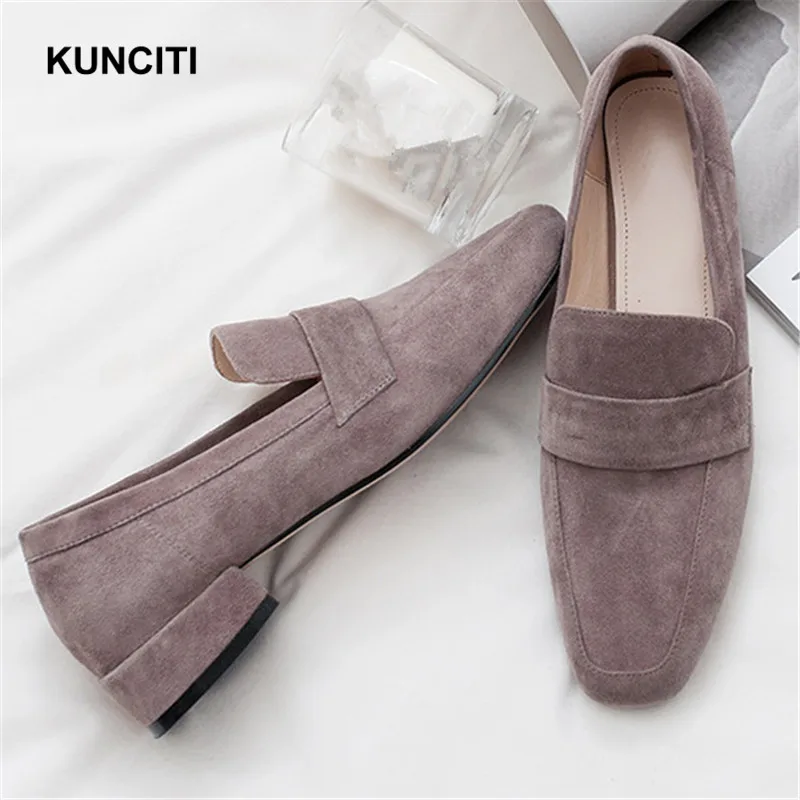 

2019 KUNCITI Suede Leather Spring Mules Shoes Designer Low Heel Coffee Loafers Hot Sale Comfort Women Shoes High Quality F56
