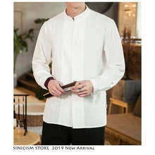 Sinicism Store мужские летние однотонные Винтажные льняные рубашки Мужская свободная Модная рубашка мужская белая рубашка с длинным рукавом рубашки размера плюс