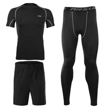 Комплект мужской одежды для фитнеса из 3 предметов, компрессионный комплект одежды для тренировок, штаны, рубашка с коротким рукавом и спортивные шорты для велоспорта, бега, тренажерного зала