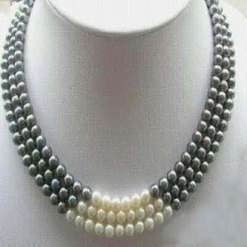 

New 3Rows 7-8MM Black White Natural Pearl Necklace 17-19