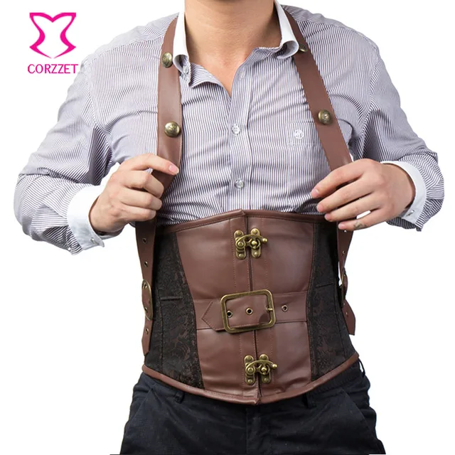 Brown Faux Leather and Brocade Halter Men Underbust Corset Steel Bone