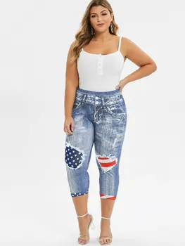 

ROSE GAL Women American Flag Printed Skinny Plus Size Jeggings High Elastic Waist Denim Leggings Patriotic Capri Jeans