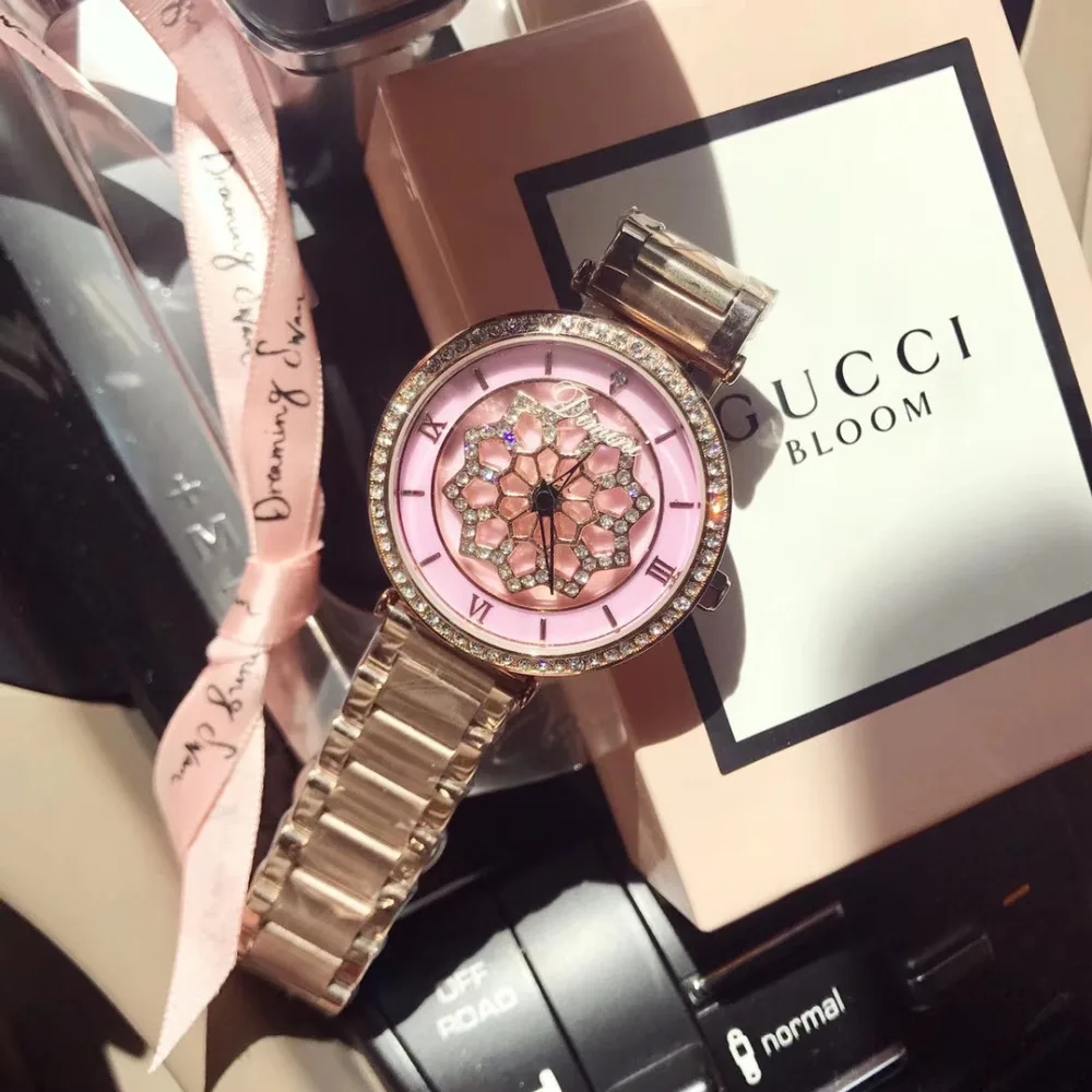 Розовое золото Кристаллы часы для женщин удачи вращающийся часы в виде снежинки полный сталь браслет наручные часы спиннинг кварцевые Montre
