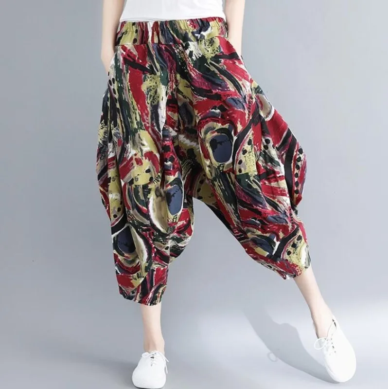 #0621 Summer Vintage Wide Leg Pants Women Printed Big Size Elastic Waist Retro Cross Pants Female Loose Cotton Linen Trousers #0621 Summer Vintage Wide Leg Pants Women Printed Big Size Elastic Waist Retro Cross Pants Female Loose Cotton Linen Trousers