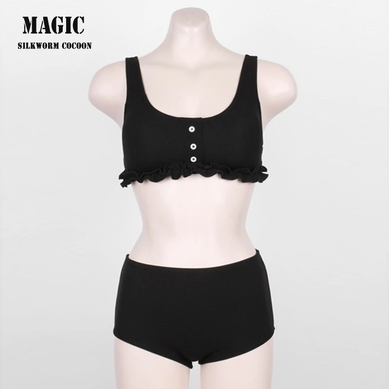 Red Black High Waist Bikini Set New Ruffle Backless Swimming Suit Women Solid Sexy Chest Button Swimwear Girl Beach Swimsuits