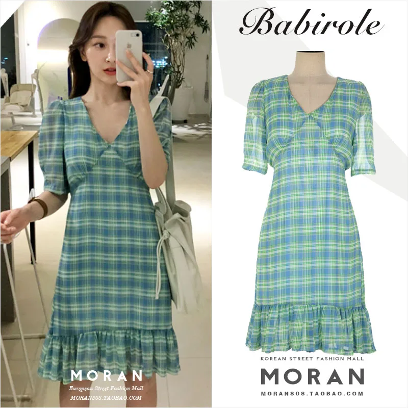 

Fresh Sweet Girl Plaid Dress Ruffles V Neck Puff Sleeve Vintage Dress Kawaii Robe Femme Vestido Mujer Vestiti Donna