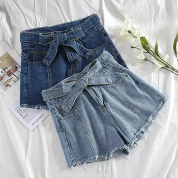 

Fashion Women Summer High Waisted Denim Shorts Pockets Sashes Short Jeans Solid Femme Push Up Skinny Slim Shorts