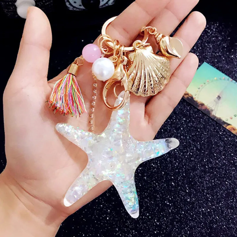 

2019 New Fashion crystal Starfish Keychain Lovers seashells Metal Car Key Ring Pendants Bag Charm Accessories Best Gift jewelry