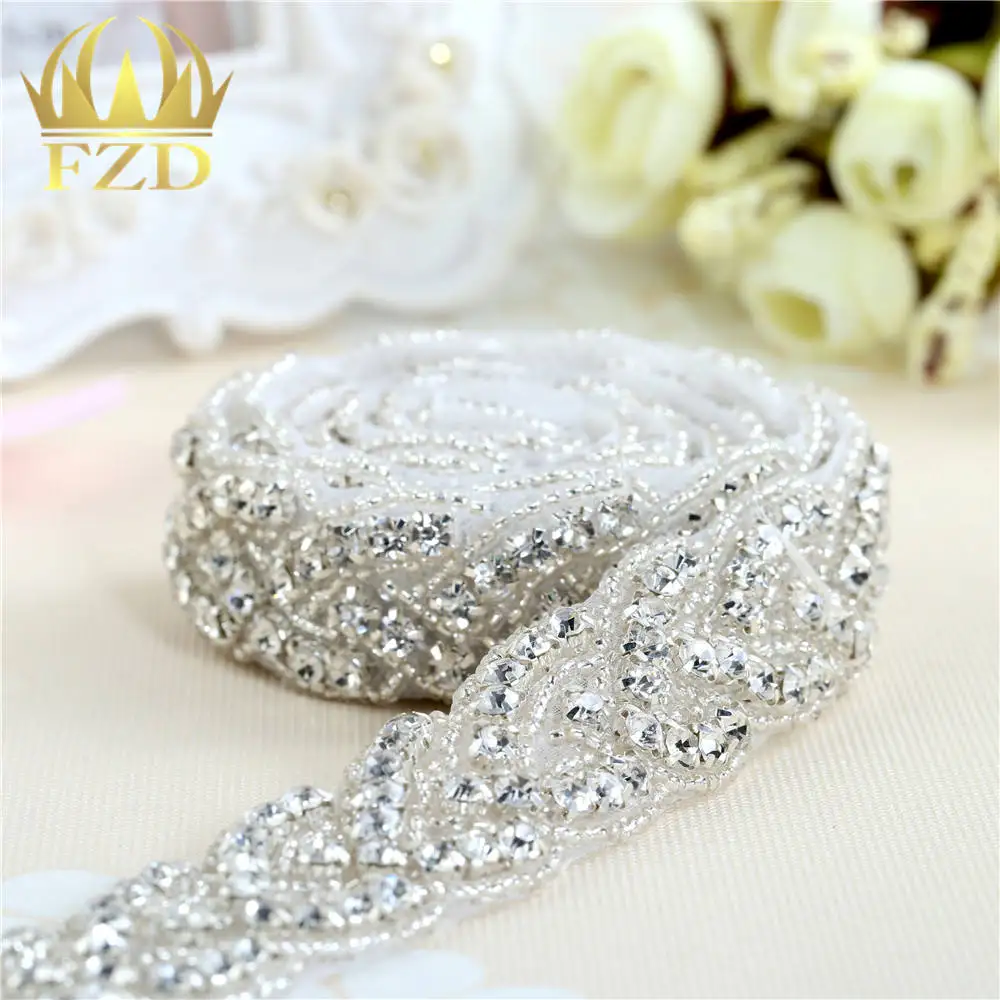 

1 Yard Sewing Hotfix Crystal Beaded Rhinestone Applique Bridal Dresses trim sash For wedding decoration