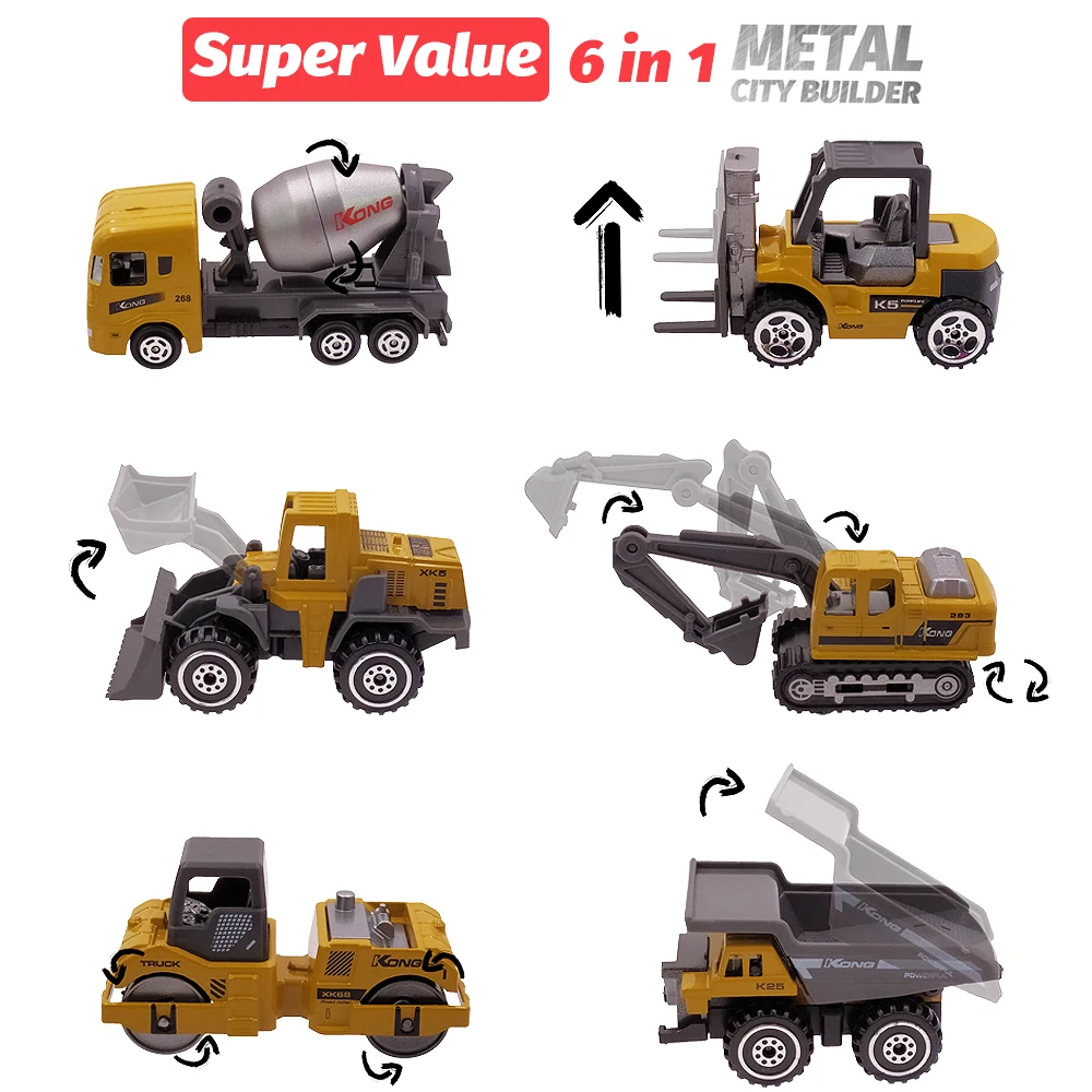 6 металлических литых под давлением игрушечных автомобилей игрушечная машинка из сплава модель 1: 64 ролик самосвал Экскаватор Бульдозер танкер вилочный погрузчик трактор игрушка набор