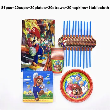 

81pcs/lot birthday theme party disposable table sets mario napkins tablecloth cup plate super mario party decoration supplies