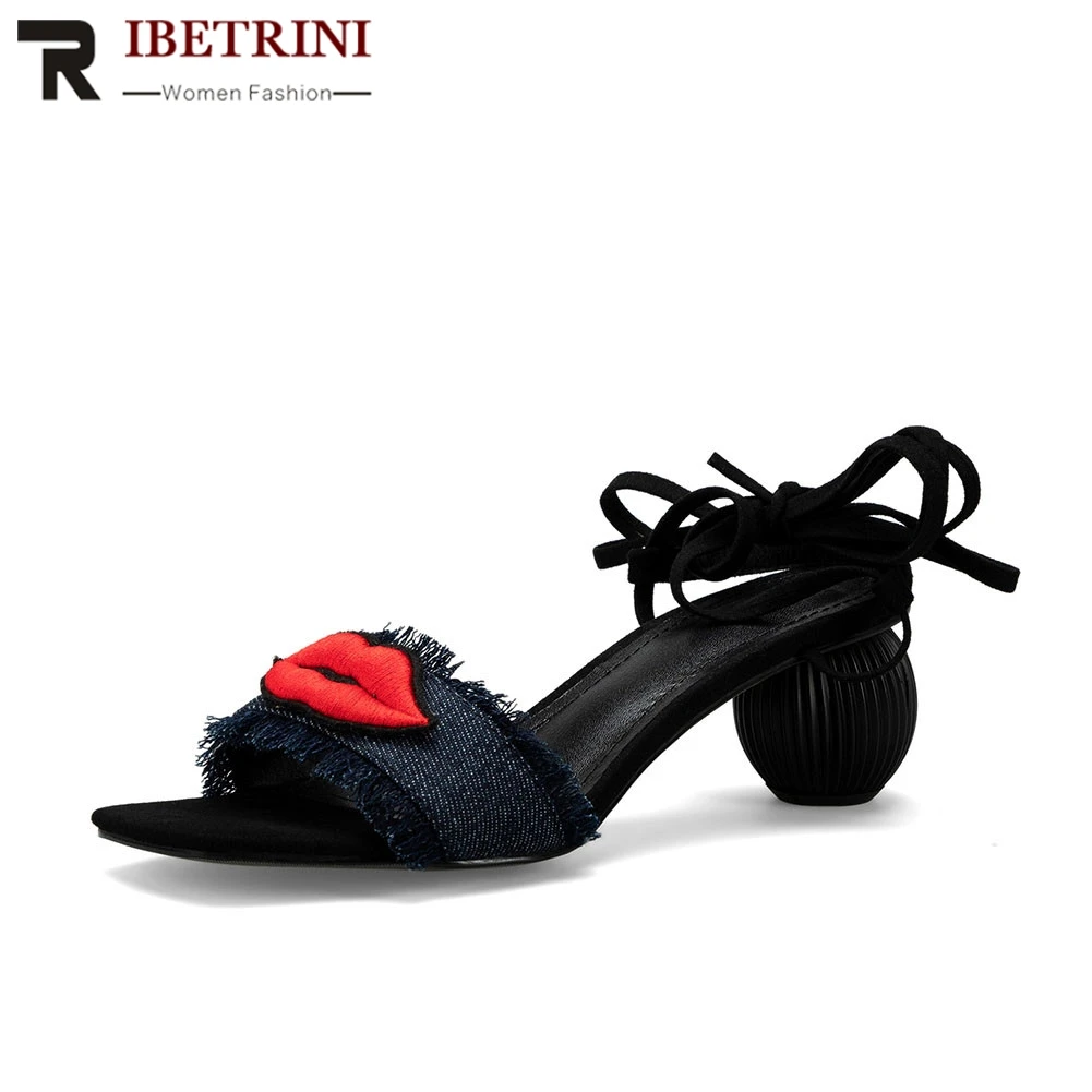 

RIBETRINI New Popular Ladies High Heels Denim Cross Tied Lips Women Shoes Woman Casual Party Summer Sandals 2019 Shoes Female