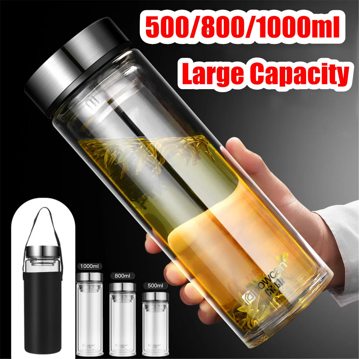 Glass Water Bottle 1000/800/500ml Business Men Office Transparent Double Glass Water Bottle Business Flask With Travel Sleeve