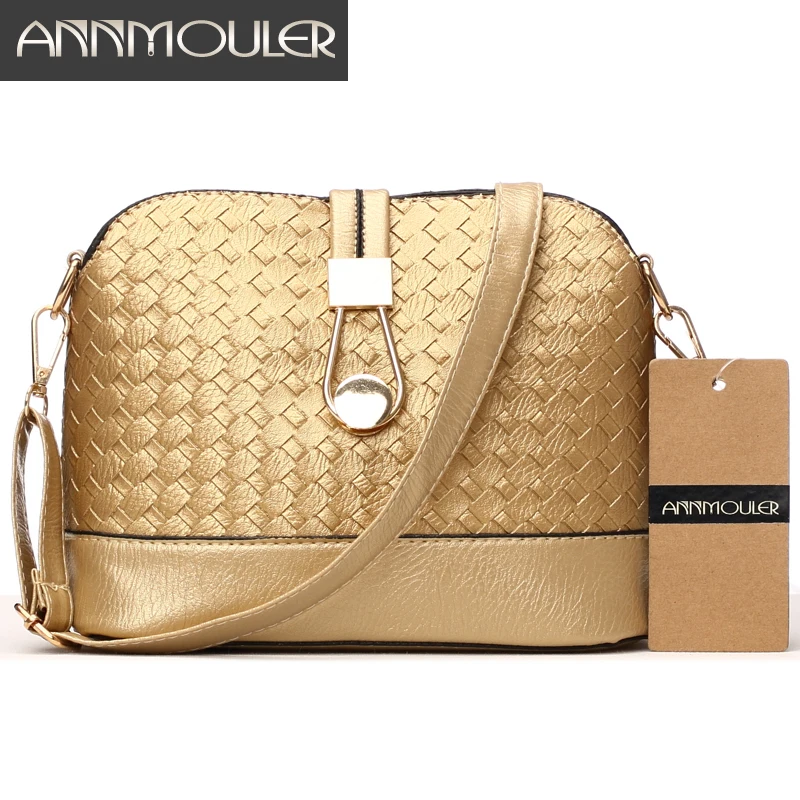  Annmouler Designer Women Shoulder Bag Knitting Small Bag Pu Leather Crossbody Bag Gold Silver Shell - 32825883346