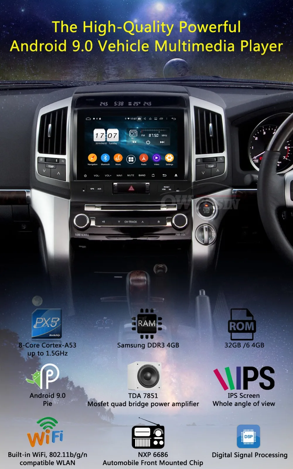 Excellent 9" IPS 8 Core 4G RAM+64G ROM Android 9.0 Car DVD Radio GPS For Toyota Land Cruiser LC200 2007-2015 DSP CarPlay Parrot BT Stereo 1