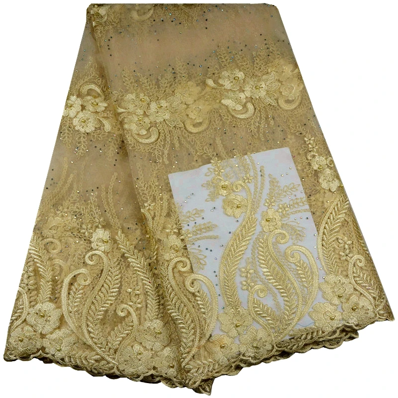 

2017 Graceful African Lace Fabric High Quality Embroidered Gold Color Nigerian Lace Fabrics With Beads French Lace Fabric F632