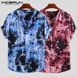 INCERUN 2019 РЕТРО ПРИНТ Camisa Masculina короткий рукав Летняя мужская рубашка без воротника Повседневная пляжная гавайская рубашка уличная 5XL