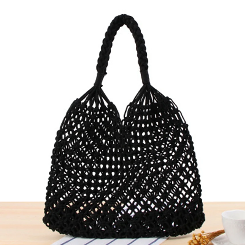 

British style New Pure Color Shoulder Woven Bag Female Sen Series Straw bag Handmade Cotton rope Net pocket Beach bag