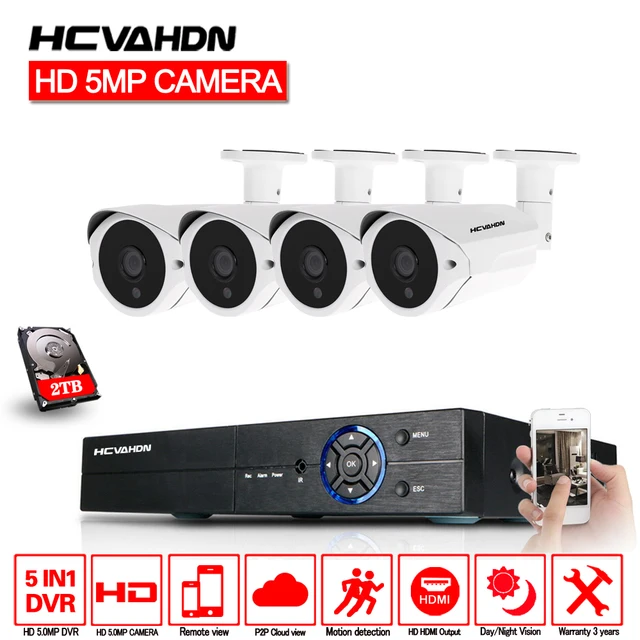 HCVAHDN 5MP CCTV Surveillance Kit 5.0MP Security Camera System 4CH DVR 5MP Video Output Kit 40m Night Vision Camera HDMI P2P