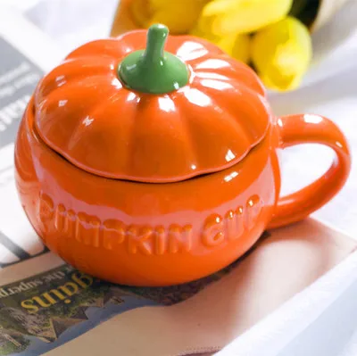 

Cute Pumpkin Ceramic Cup with Cover Breakfast Oats Cup Milk Dessert Ice Cream Soup Bowl Creative Tableware