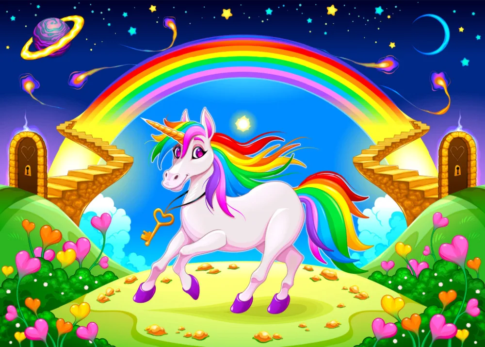 7 X5Ft Magical Unicorn Rainbow Clouds Sky Fairy Garden Stones Path Custom Photo Studio Sfondo Sfondo Vinile 220Cm X 150Cm