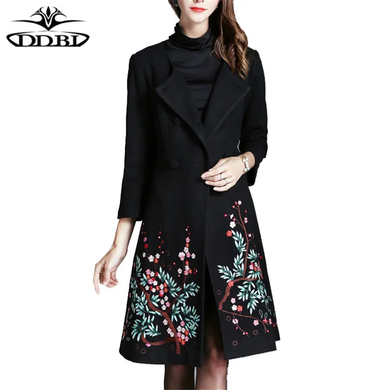 black embroidery long coats large size wool coat 2017 autumn new arrival fashionest women