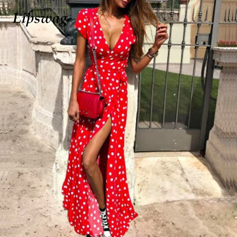 Najtaniej Lipswag kobiety Polka Dot sukienka z wysokim wycięciem lato Sexy dekolt plaża sukienka boho z krótkim rękawem skrzydła Maxi długie sukienki Plus rozmiar