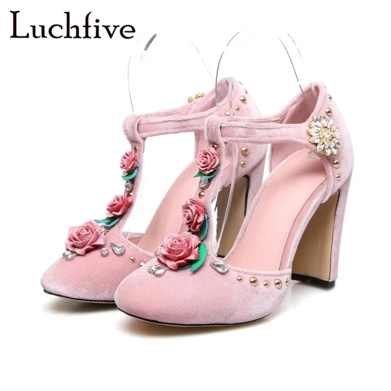 

Flowers Crystal Chunky High Heels Women Sandals Velvet Covered Toe T-tied Strap Shoes Woman Pink Rivets Jeweled Sandals Feminina