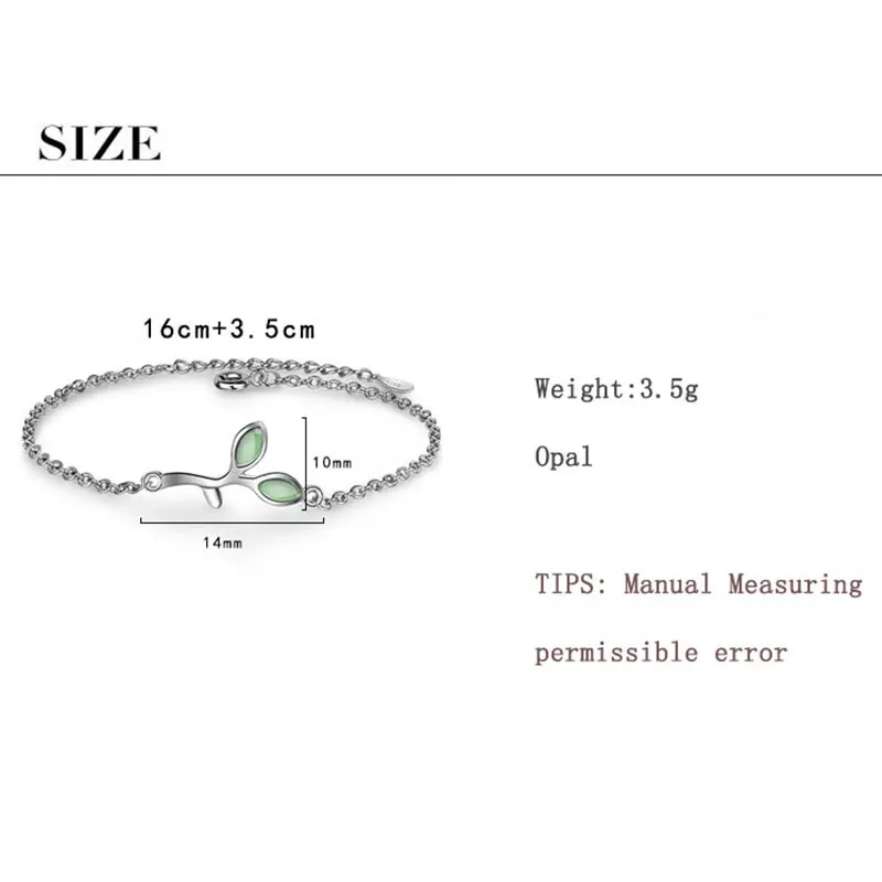 Anenjery Лидер продаж Опал Зеленый лист браслет для женщин девушка 925 пробы Серебряный браслет pulseira S-B188