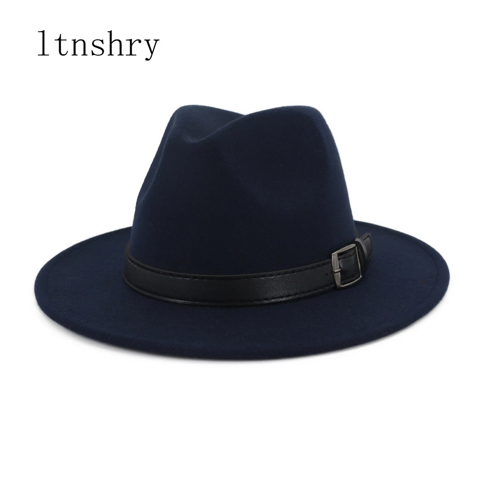

Fashion Unisex artificial wool Women's wide-brim Belt Fedora Hat For Laday Men Panama Cap With Feathe Headband Jazz Church Hat