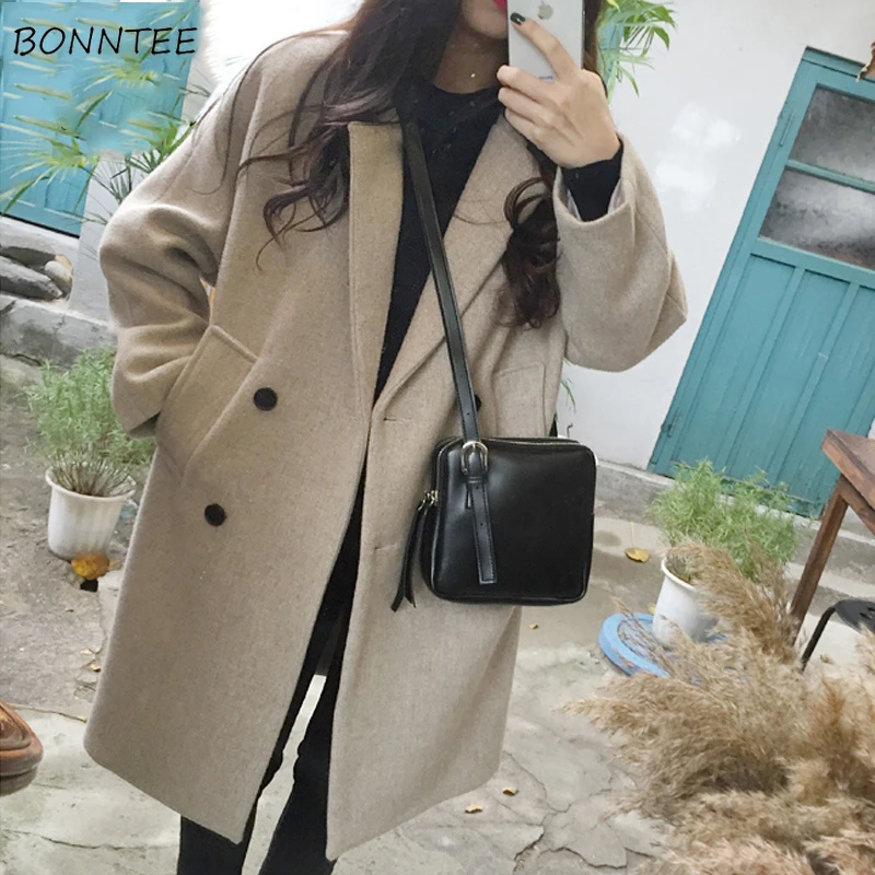

Blends Women Classic Solid Double Breasted Elegant Girls Outwear Womens Thicker Fashion Winter Korean Sweet Casual Blend Pockets