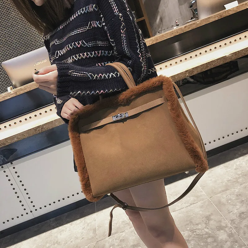 

Handbag female 2018 new winter shoulder bag slung female simple handbag big bag frosted fur messenger bag