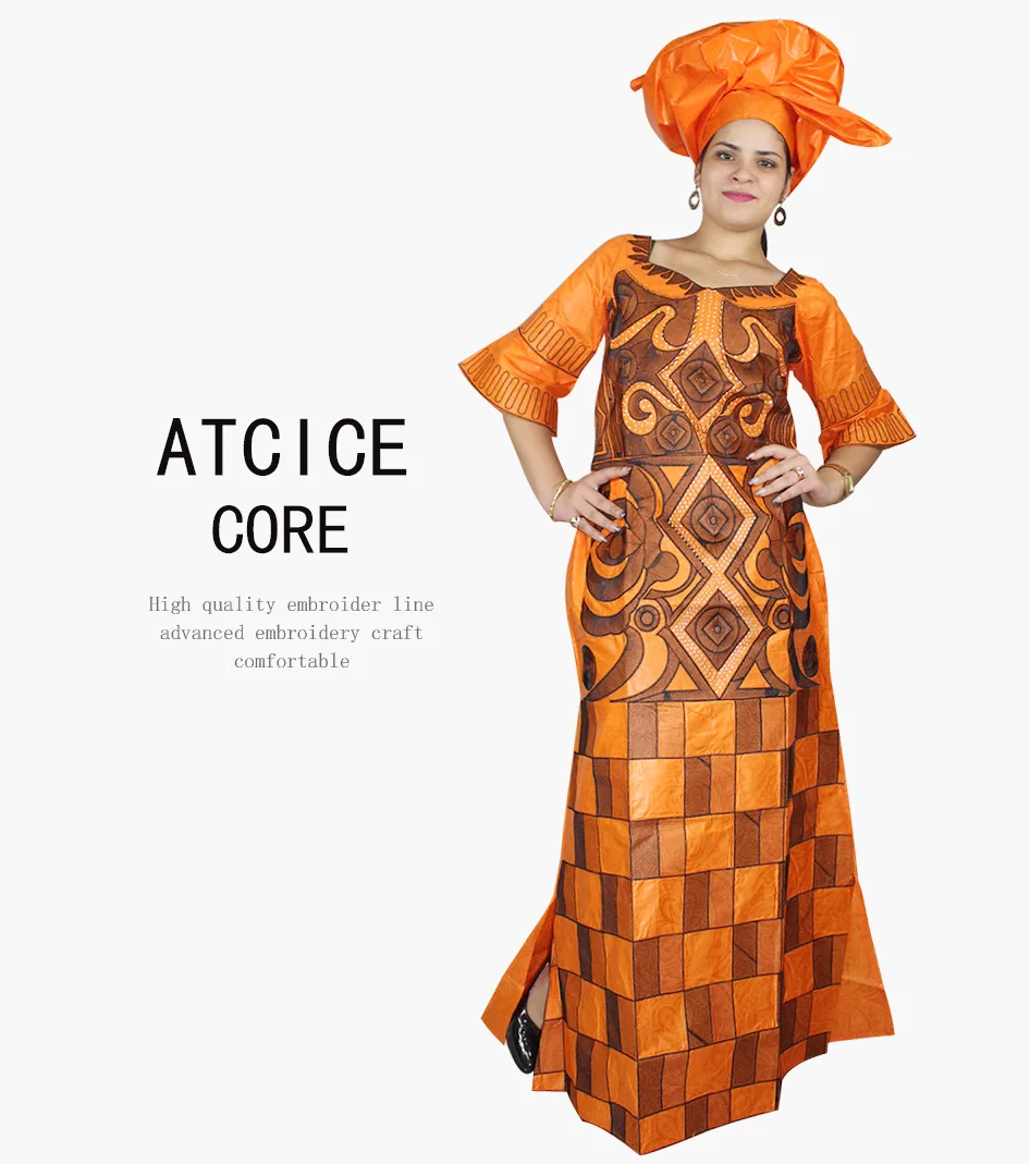 African Dresses For Woman Bazin Riche Computer Emboridery Plus Size Long Dress With Scarf A023 african robe