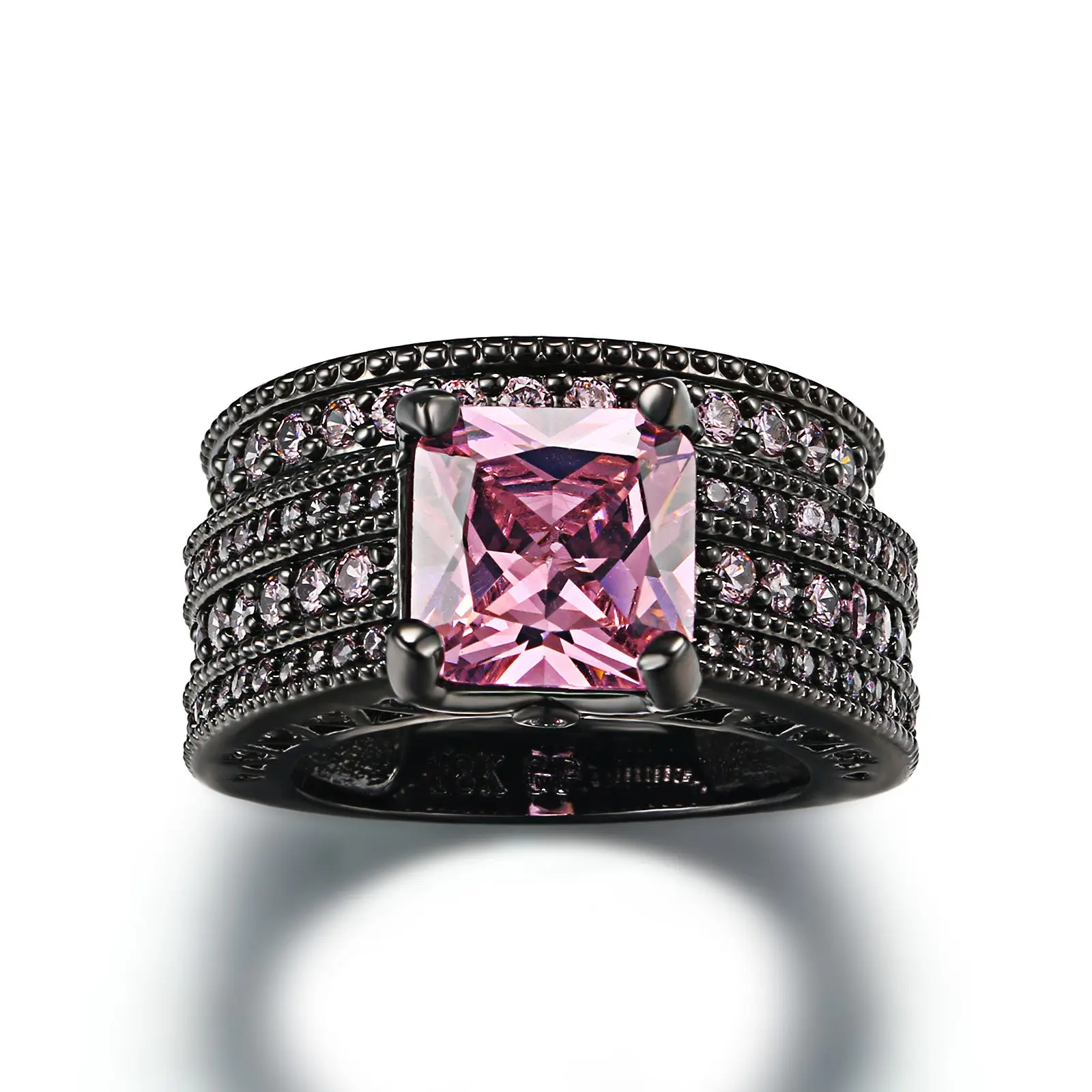 Princess Cut 8mm Topaz Simulated Diamond Pink Black Sapphire Black Gold Women Jewelry Wedding Engagement Bridal Set Ring