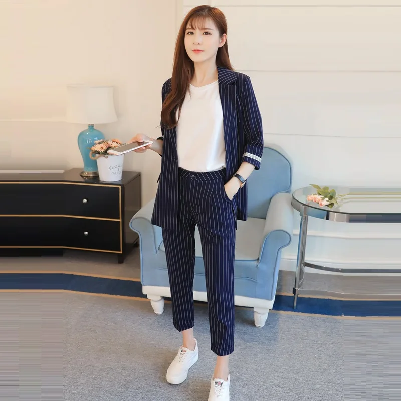 

2018 Korean Runway Fashion Elegant striped Casual Blazer Pant Suits 2 Piece Set Women Office Jacket And Ankle-length Pants Suit