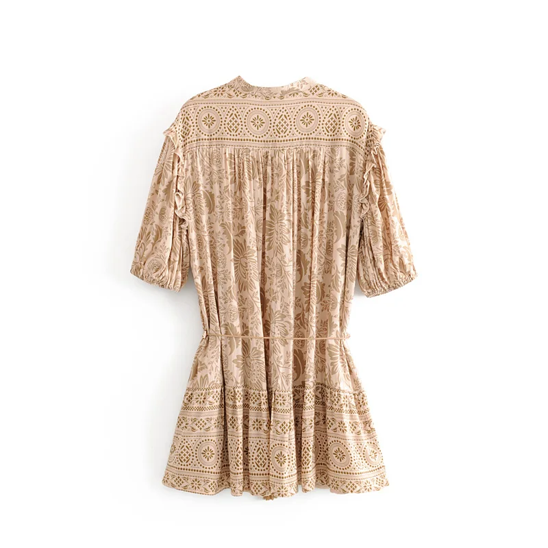 Женское винтажное мини платье boho гофрированное пляжное с цветочным принтом и