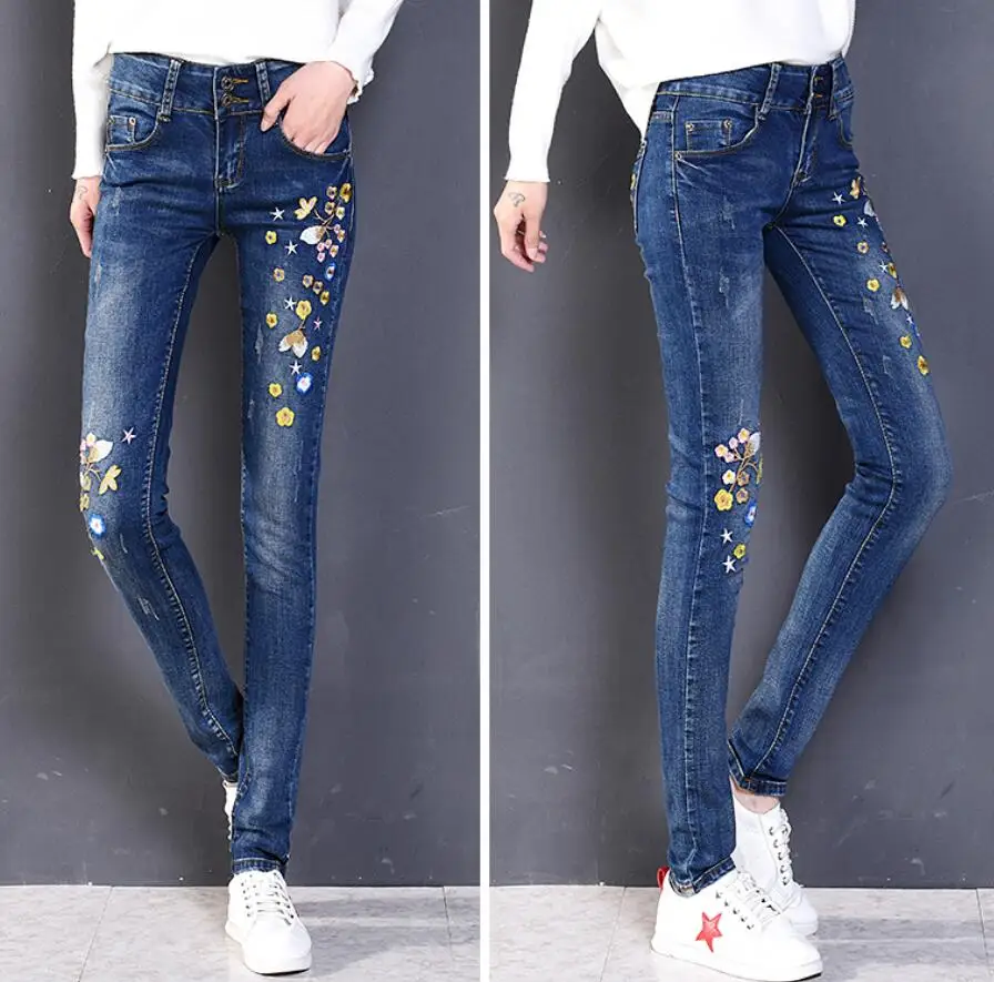 Осенние джинсы с цветочной вышивкой Женские Pantalon Femme Джинсы облегающие, брюки эластичные брюки-стрейч брюки-карандаш r1480