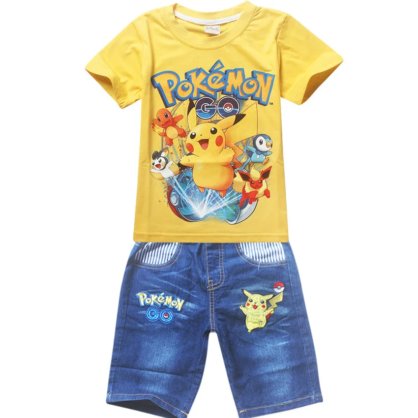 

New 2018 Boys Clothing Sets Pokemon Go Short Sleeve T-Shirt+Jeans Set Summer For Boys Cartoon Pikaqiu Baby Leisure Suit 3-10Y